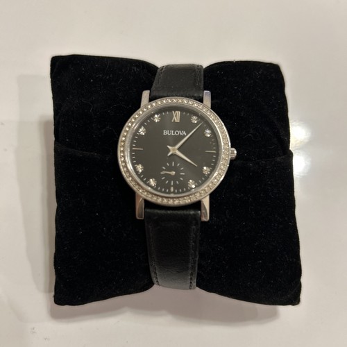 Bulova 96L246 32mm Silver Stainless Steel Case Black Leather Strap Ladies Wristwatch for sale