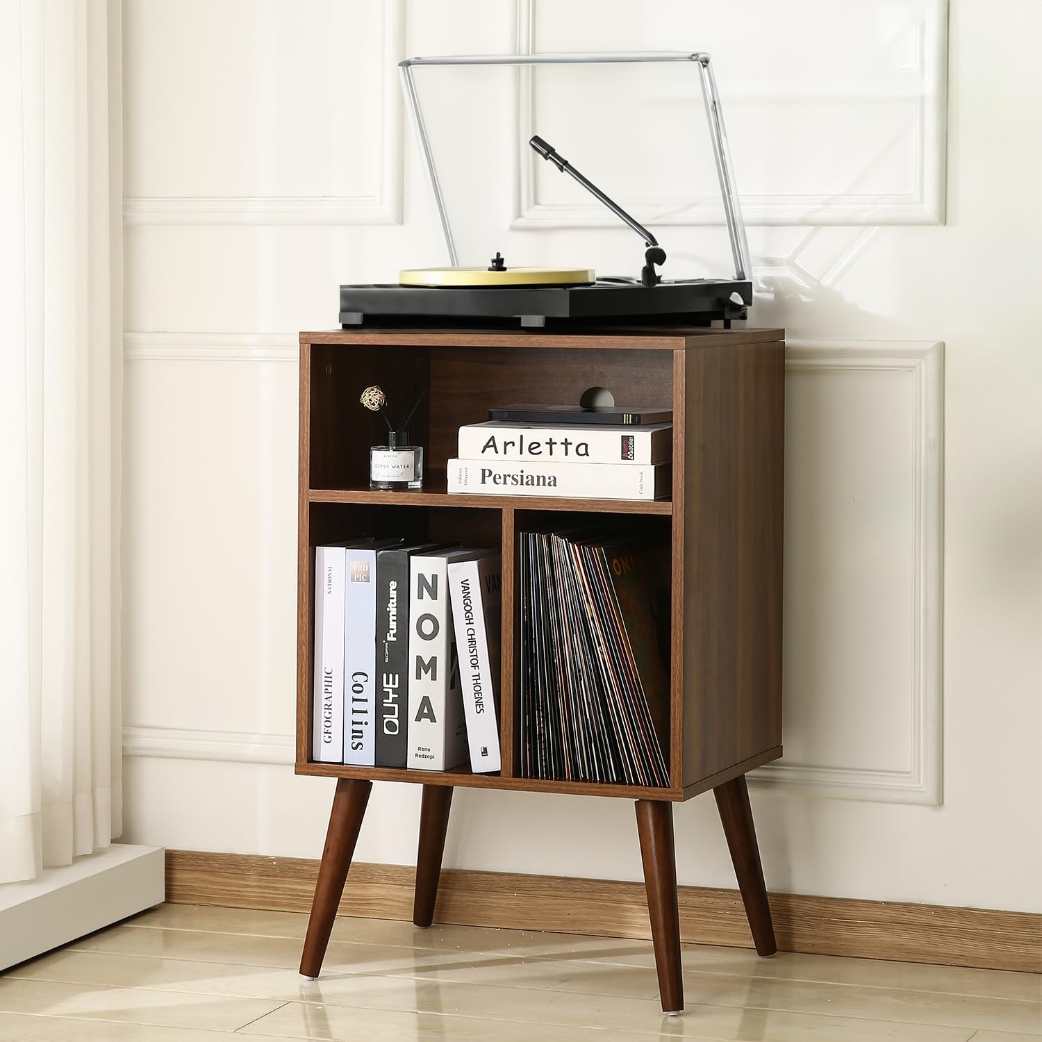 Vintage Record Player Side Table - 20 x 15.75 x 32 Inches Retro Decor Storage Table with Wheels-image