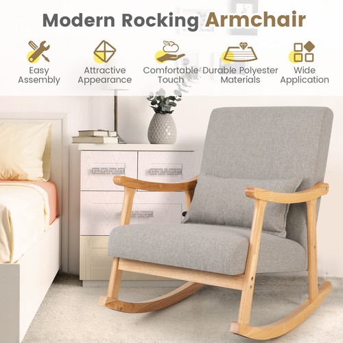 2PCS Rocking Chairs w/ Pillow Rocking Armchairs w/ Rubber Wood Frame Grey - Picture 5 of 9