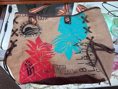 Billabong Patchwork Tote Bag Burlap Leather Lace-Up Floral Beach Boho Large