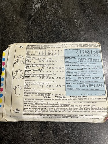 80’s Vintage McCall’s Herren Western Hemd Muster 7547 Größe Brustumfang 40 Ausschnitt 15,5 - Bild 2 von 11