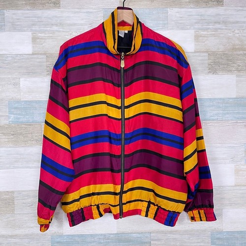 Fuda International Vintage Silk Bomber Jacket Multicolor Stripe Zip Womens Large