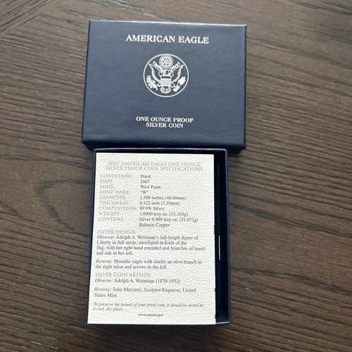 2007 1oz US American Silver Eagle $1 Dollar Proof Coin w/Box & COA