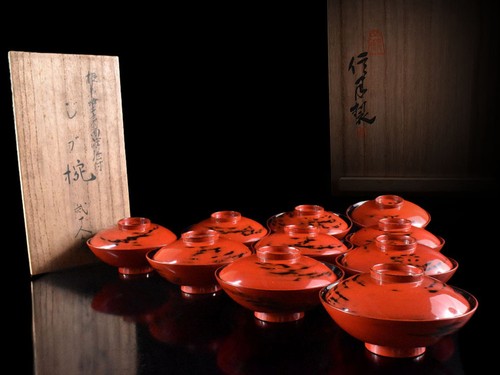 Y305: XF Japanese Wooden Lacquer ware Negoro SOUP BOWL/Dish 10pcs, w/signed box