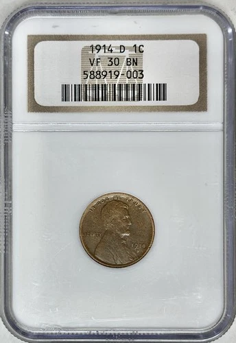 1914 D LINCOLN WHEAT CENT NGC VF30 BROWN