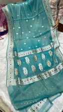 Blue 100 khadi Chiffon Sari Zari Banarasi Woven Designer Saree With Blouse Pc