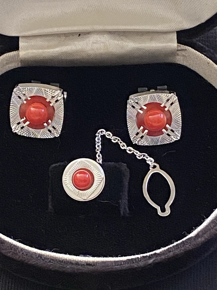 Juego de 3 piezas de gemelos y corbata coral natural caja de regalo tono plata vintage-NUEVO Foto 2 de 4