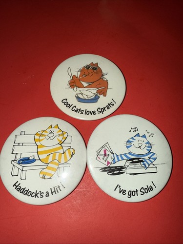Haddocks a Hit - Cool Cats Love Sprats! - I’ve Got Sole! Vintage Pins Pinbacks - Picture 1 of 5