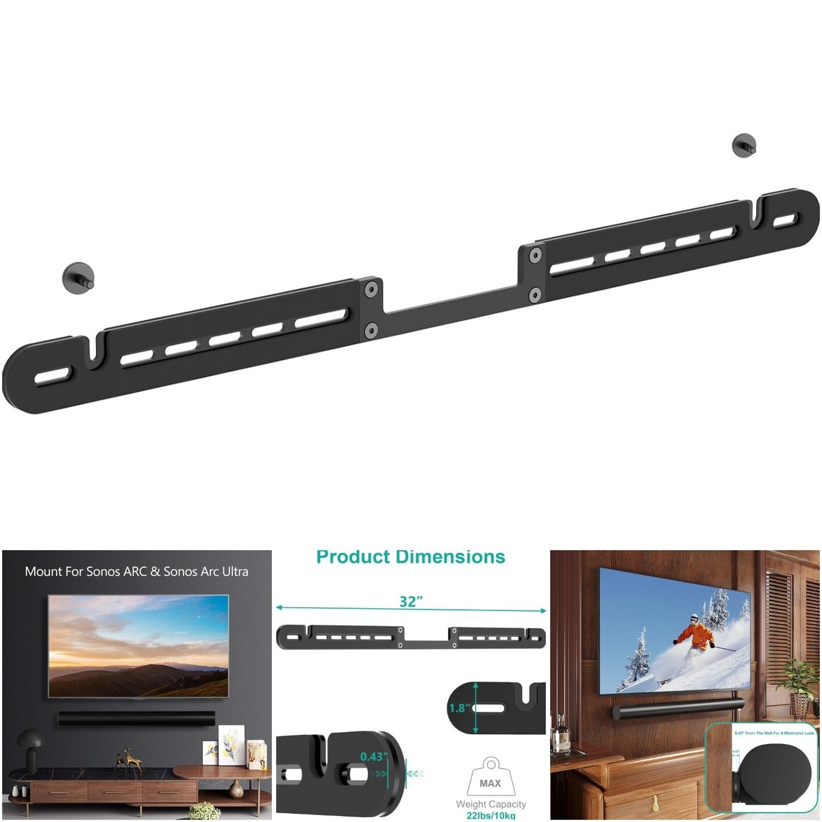 Sonos Arc & Ultra Soundbar Wall Mount Bracket Black Minimalist