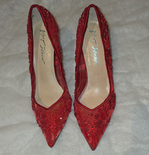 Betsey Johnson Women  s Red Pointed Toe Stiletto Pump Heels Beaded Slip On 9