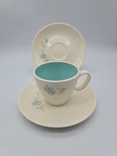 Taylor Smith  BOUTONNIERE Aqua Blue Floral  Coffee Cup & 2 Saucers NICE