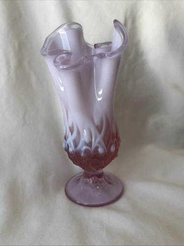 Vintage Fenton Glass Rose Pink Lily Of The Valley Swung Handkerchief 8" Vase