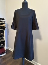 Ann Taylor LOFT Black Knit Ruffle Sleeve A-Line Dress Scoop Neck Zip - 8