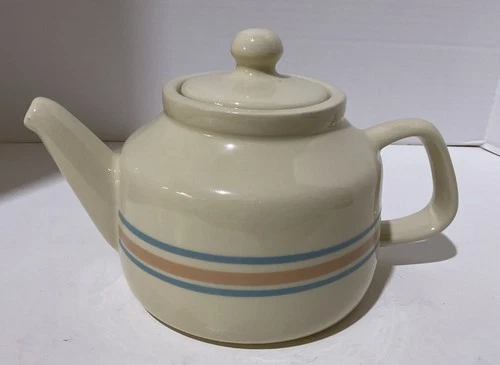 Vintage McCoy 163 Ceramic Teapot With Lid Cream With Blue & Peach Stripes