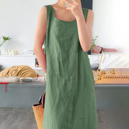 Summer Women Cotton Linen Sleeveless Dress Ladies Casual Crew Neck Maxi Sundress - Picture 16 of 40