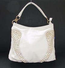 NEW-DS WHITE LEATHERETTE+CRYSTAL STUDS+GOLD TOTE,PURSE,BAG