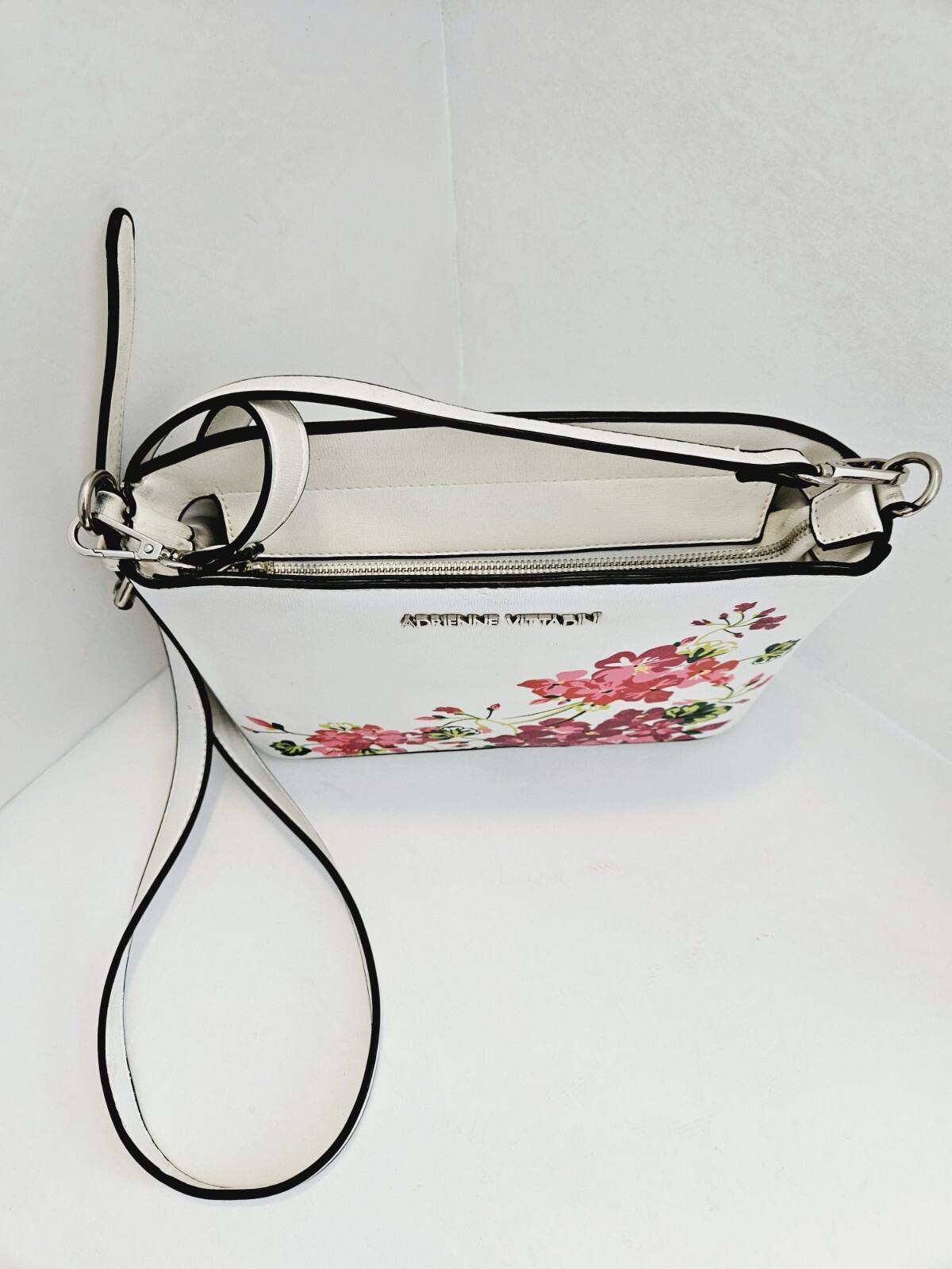 Adrienne Vittadini Faux Leather White Floral Purse Crossbody Bag