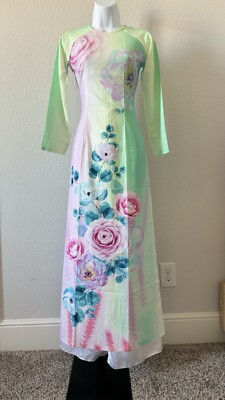 L-Pre-made  Ao Dai ONLY  3D Vietnamese Traditional- Roses-Multi Color