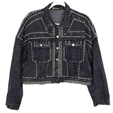 Hush Cropped Black Denim Jacket Crystal Studded Coachella Boho Women Size Medium