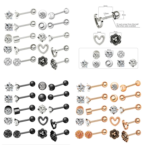 20PCS CZ Earrings Ear Stud Set Surgical Steel Bone Stud for Women Men Jewelry - Picture 1 of 17