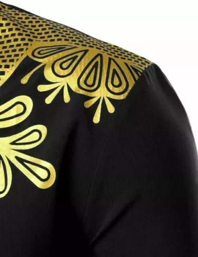 Hot Men Print Shirt African Dashiki Luxury Tribal Metallic Gold Top Blouse Shirt - Picture 9 of 17