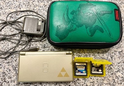 Nintendo DS Lite Zelda Gold Triforce Bundle Pokemon Diamond Charger Case