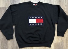 Vintage Tommy Hilfiger Sweatshirt Black Embroidered Logo 90s Hip Hop Size Large