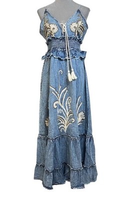 POL Tiered Maxi Beaded Dress L Boho Blue Embroidered Festive Smocked Waist