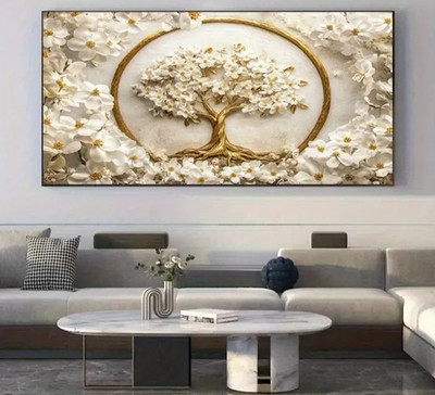 Abstract Tree of Life with White Flowers Unframed Canvas Painting for Living
