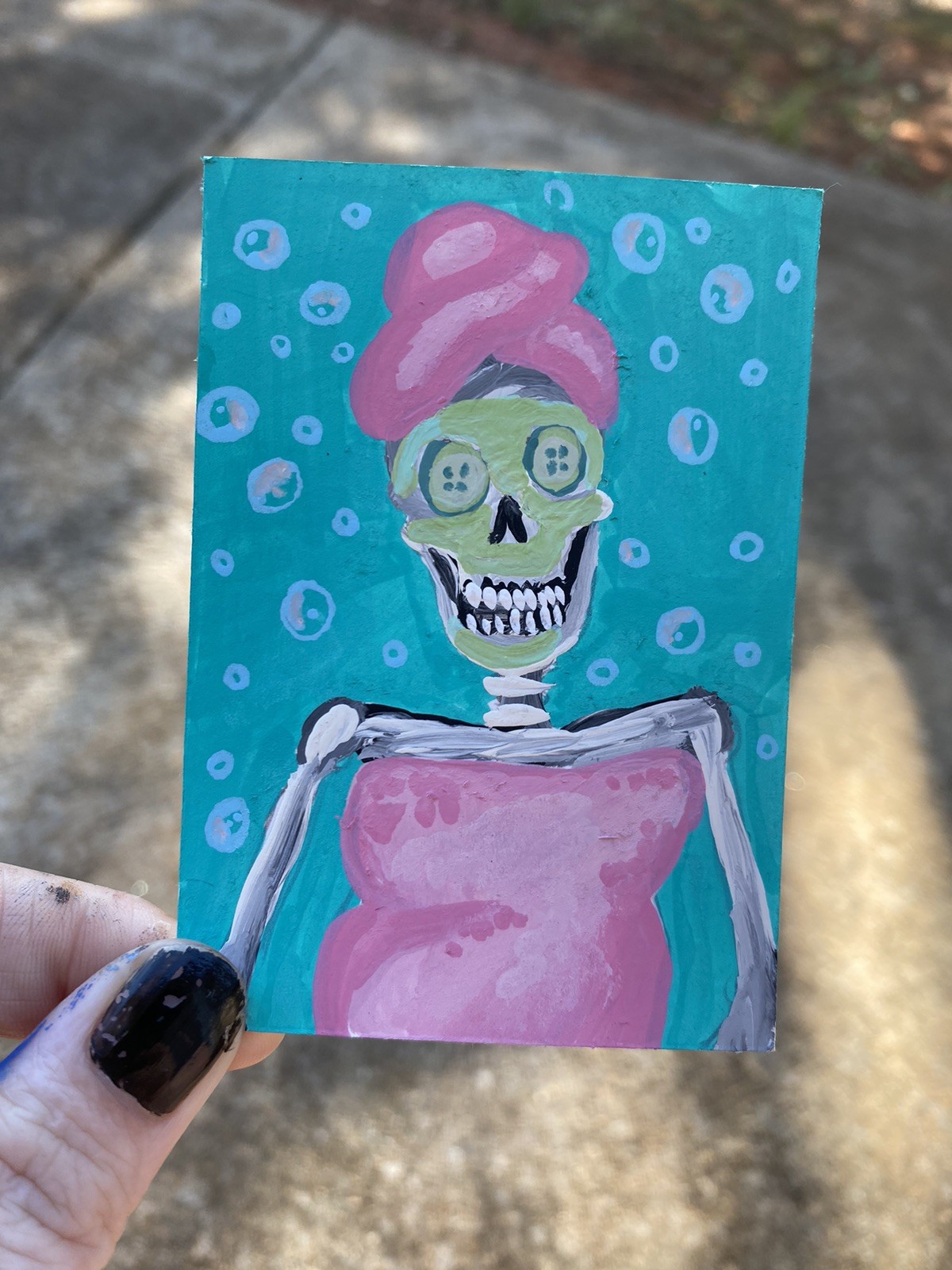 ACEO Mini Original Painting Skeleton Face Mask Bathroom Bubbles Goth Art Card