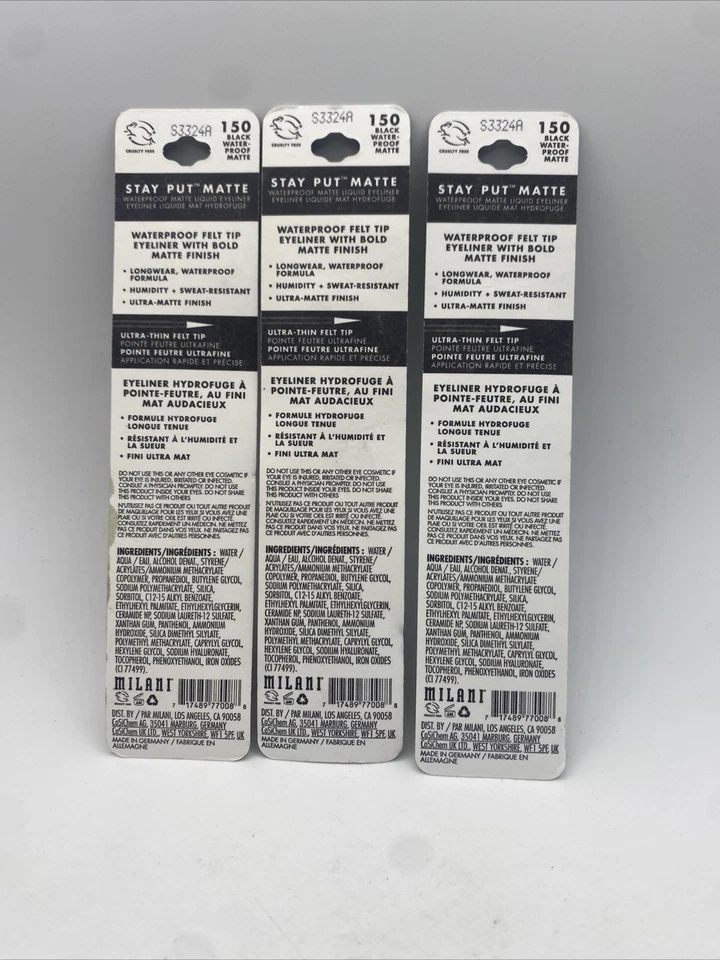 Lot of 3 Milani Matte Eyeliner 0.085oz 150 Black Waterproof Matte Makeup - Image 2 of 2