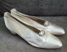 Antique Victorian Wedding Shoes Silver Tone Jeweled Buckles 1900-1920 Ivory Silk