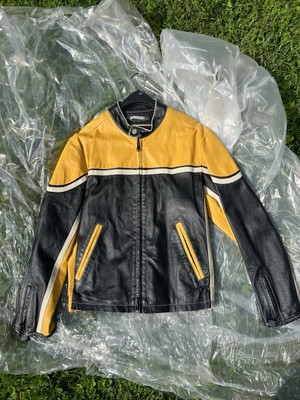 WILSON M JULIAN Motorcycle Biker Cafe Racer Leather Jacket L Black Gold Vtg