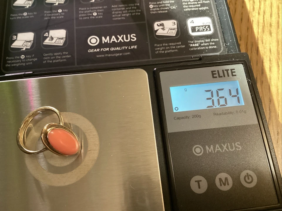 14K Solid YG Vintage Angel Skin Coral Oval Ring,Sz 7 1/4”, Matching Necklace 17” - Image 3 of 4