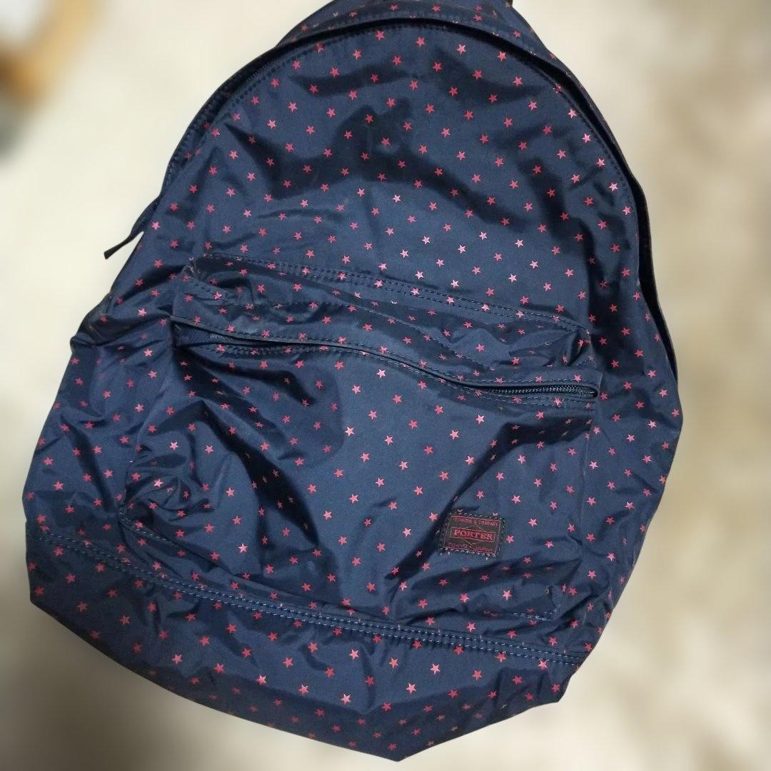 PORTER Navy Blue Star Pattern Backpack Nylon Fron… - image 1