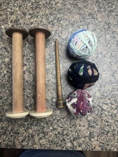 Antique Weaving Spools And 3 Rag Balls