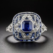 Art Deco Emerald Cut Lab Created Sapphire  Diamond 925 Silver Anniversary Ring