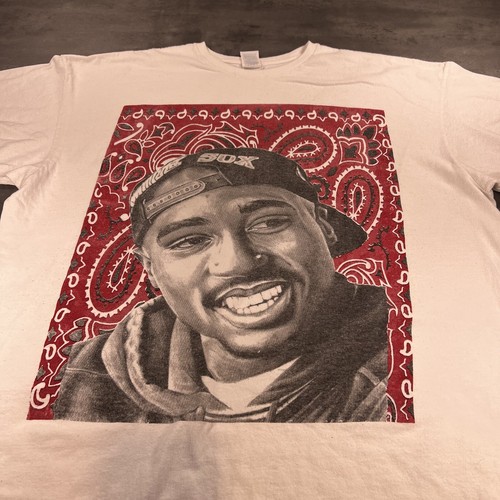 Tupac Rap Tee Shirt Adult 3XL XXXL White Red Bandana Blood Gang Big Face Graphic - 第 2/8 張圖片