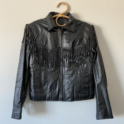 Vintage Leather Fringed Black Jacket Womans Size … - image 1