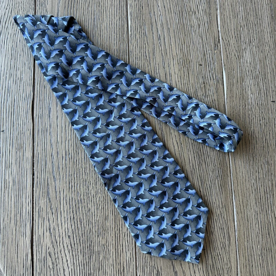 NATURA Neck Tie Mens Gray Blue Silk Dolphins “Surfer” Beachy Tropical Vacation - Image 4 of 4
