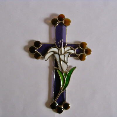 Vintage Leaded Stained Glass Easter Cross w  Lily