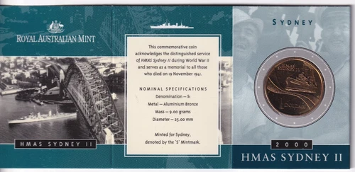 AUSTRALIAN: 2000 $1  HMAS SYDNEY  S SYDNEY MINTMARK  UNC COIN ON CARD `..