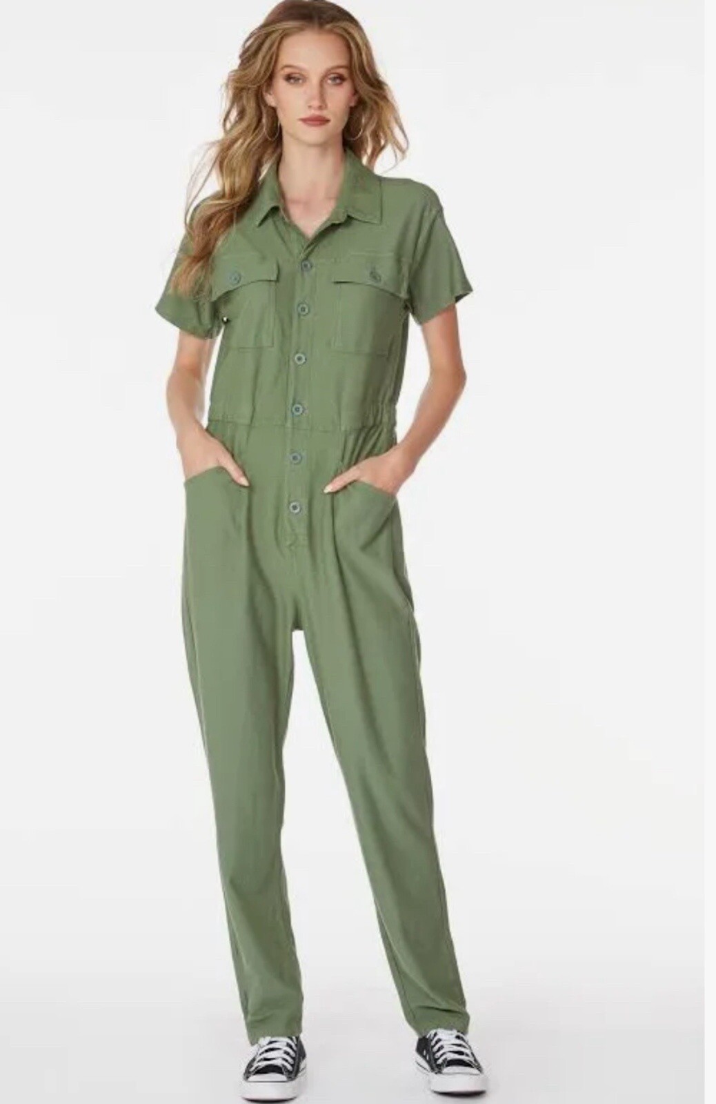 NWT Bobi Los Angeles Button Up Short Sleeve Jumpsuit Jogger, Green Small