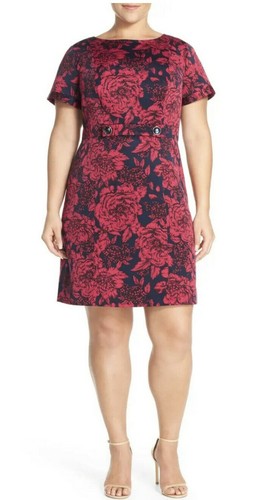 Adrianna Papell Women’s Embellished Waist Jacquard Sheath Dress Cherry Navy 18W - Picture 1 of 5