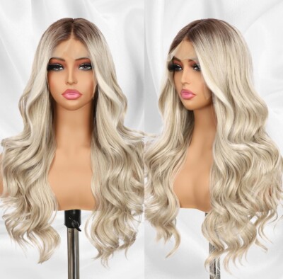 Ash Blonde Lace Front Wig Long Straight Dark Roots Blonde13x4 22 inch Heat Safe