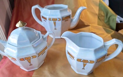 Antique Sugar, Creamer & Teapot Art Nouveau Germany Hand Painted Porcelain Gold