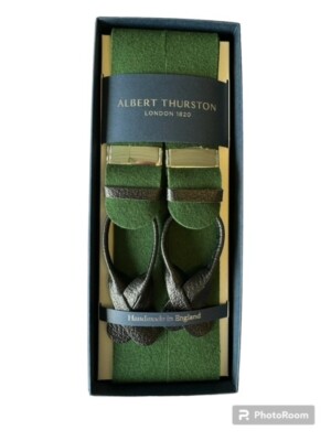 Albert Thurston Luxury Green Boxcloth Braces with Black Leather ends and Silver