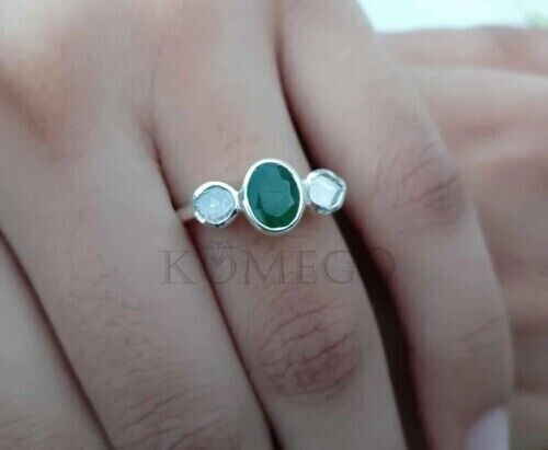 May Birthstone Ring with Natural Emerald and Polki Diamond Slice Fine Jewelry.