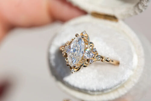 Engagement Ring 14K Yellow Gold Plated 1.0 Carat Marquise Cut Moissanite Ring - Picture 9 of 19