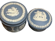 Two Wedgwood Blue Jasperware Round Trinket Pill Dishes X 2 With Lids